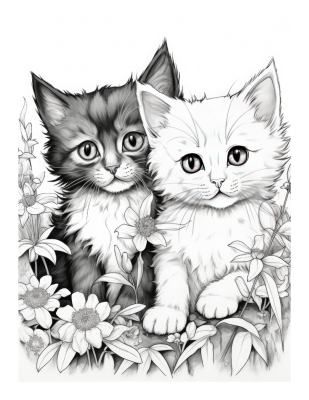 Whiskers & Blooms - Free Two Cats Behind Flowers Coloring Page | Free ...