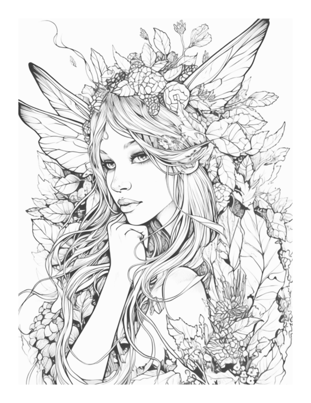 Enchanted Daydreams - Free Enchanted Fairy Thinking Coloring Page 