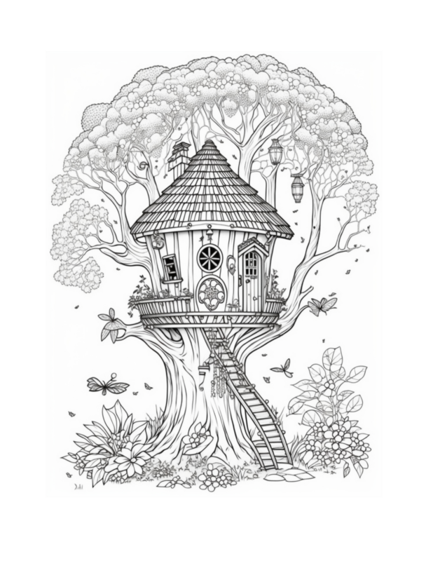 Fairy Tree House Free Coloring Page: Immerse Yourself In Whimsical ...