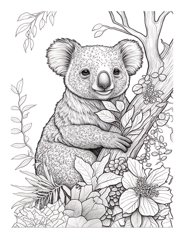 Free Printable Eucalyptus Embrace -Koala Coloring Page For Kids And Adults