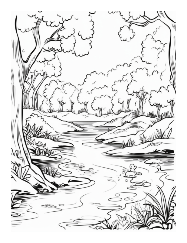 Free Printable Enchanted Waters - Forest Stream Coloring Page For Kids ...